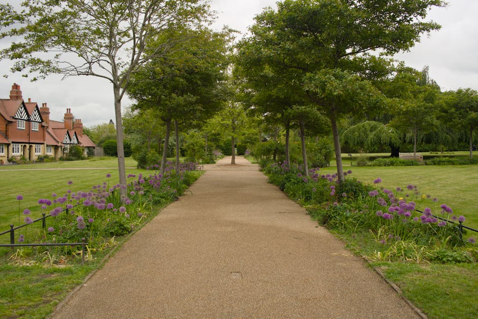 A straight, well-maintained gravel footpath runs through a lush garden in Priory Park Hornsey, lined on both sides with purple flowering plants and low metal fencing. Taller trees with green foliage p